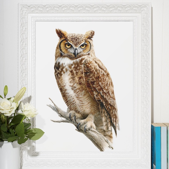 Watercolor Great Horned Owl Portrait Wall Art Print, Unframed - Woodland - Picture 6 of 6